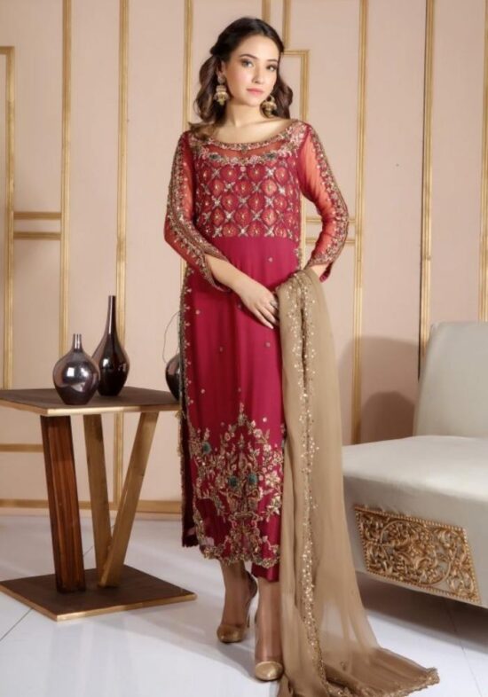 Embroidered Maroon Raw Silk Suit