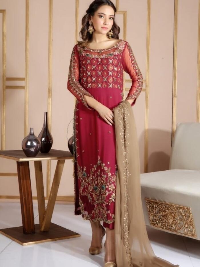 Embroidered Maroon Raw Silk Suit