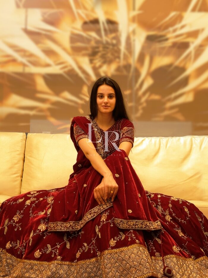 Bridal Maroon Golden Thread Embroidered Lehenga