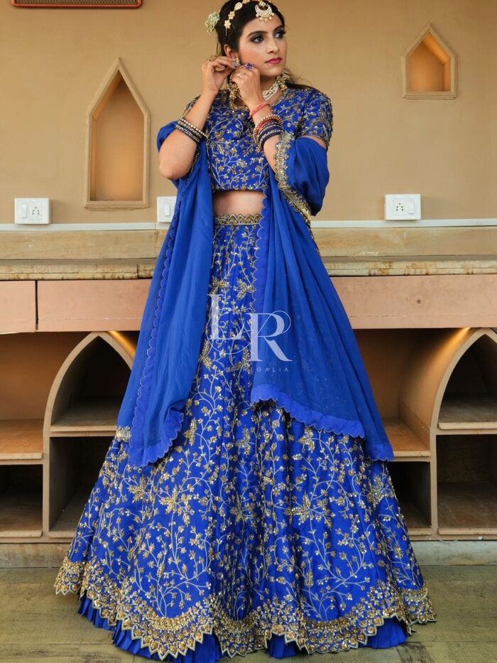 Navy Blue Embroidered Silk Lehenga