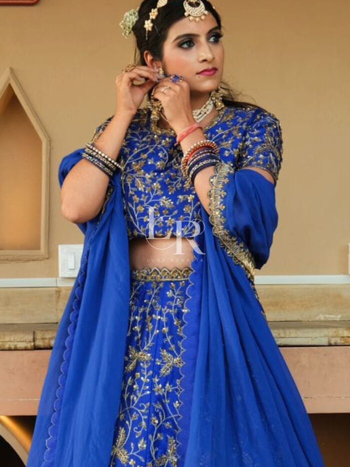 Navy Blue Embroidered Silk Lehenga