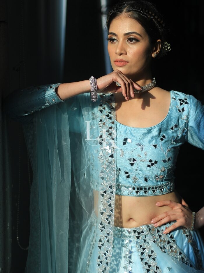 Pastel Blue Mirror Work Silk Embroidered Lehenga Choli