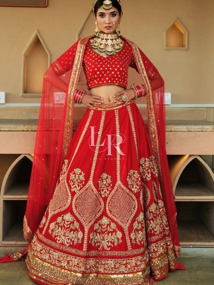 Red Silk Emrboidered Bridal Lehenga