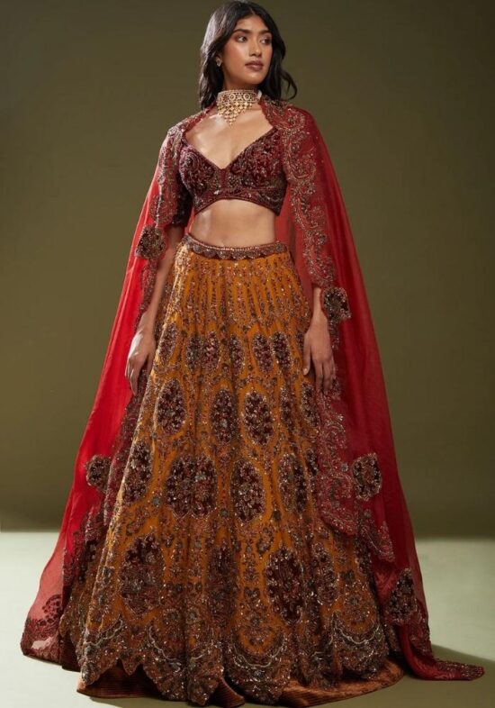 Designer Bridal Velvet Mustard Maroon Lehenga Choli