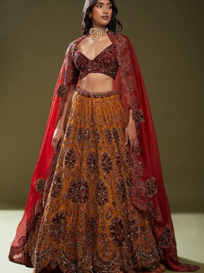 Designer Bridal Velvet Mustard Maroon Lehenga Choli