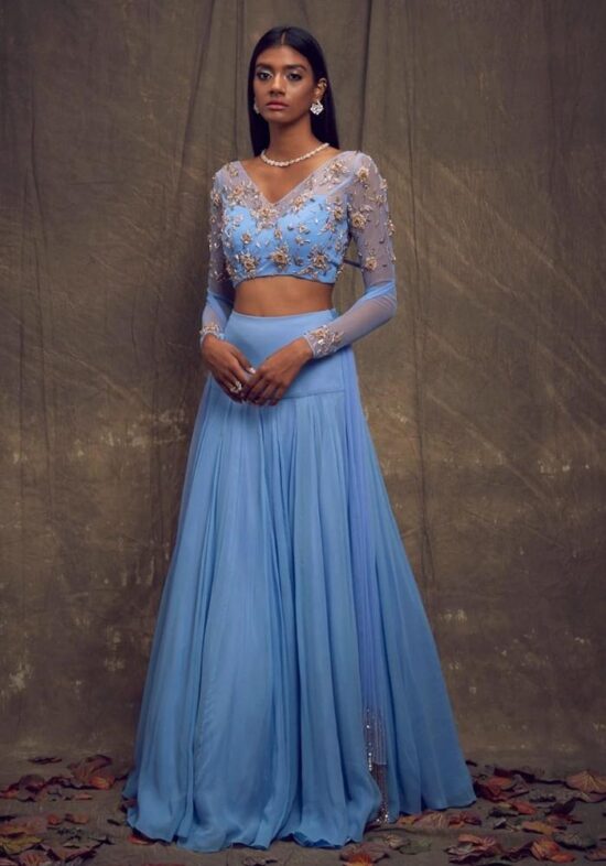 Sky Blue Embroidered Silk Lehenga