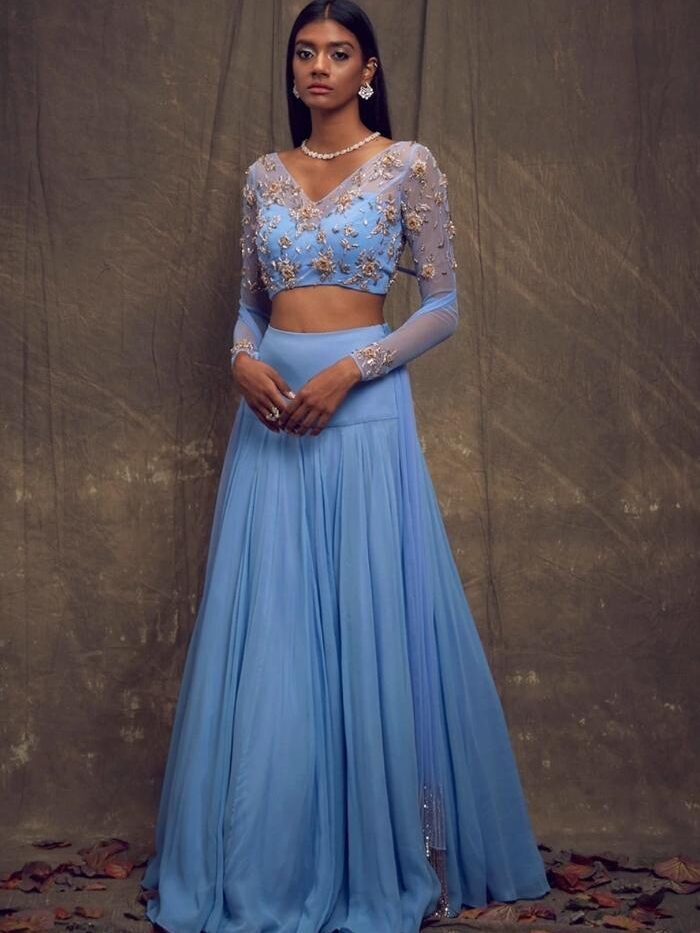 Sky Blue Embroidered Silk Lehenga