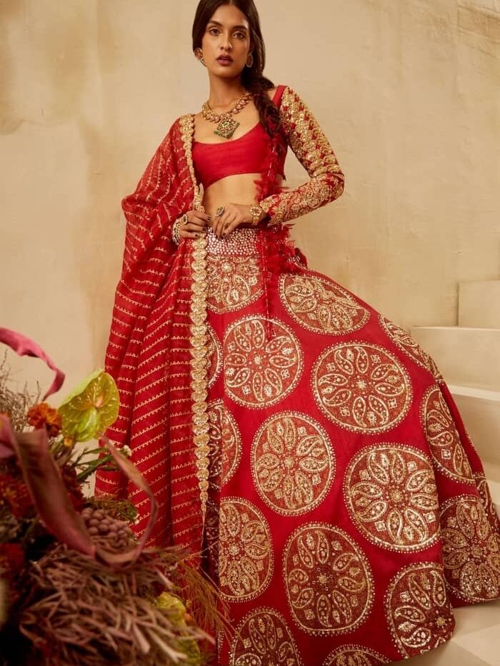 Red Lehenga Choli With Golden Thread Embroidery